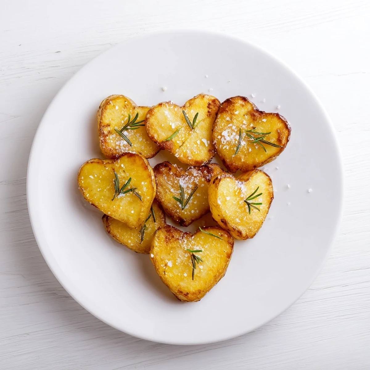 Golden-brown roasted heart-shaped potatoes with rosemary on a rustic baking sheet, crispy edges glistening with olive oil.  