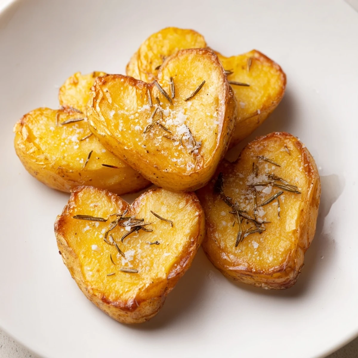Festive heart-shaped potato wedges garnished with fresh rosemary and flaky sea salt, perfect for a romantic dinner side.  