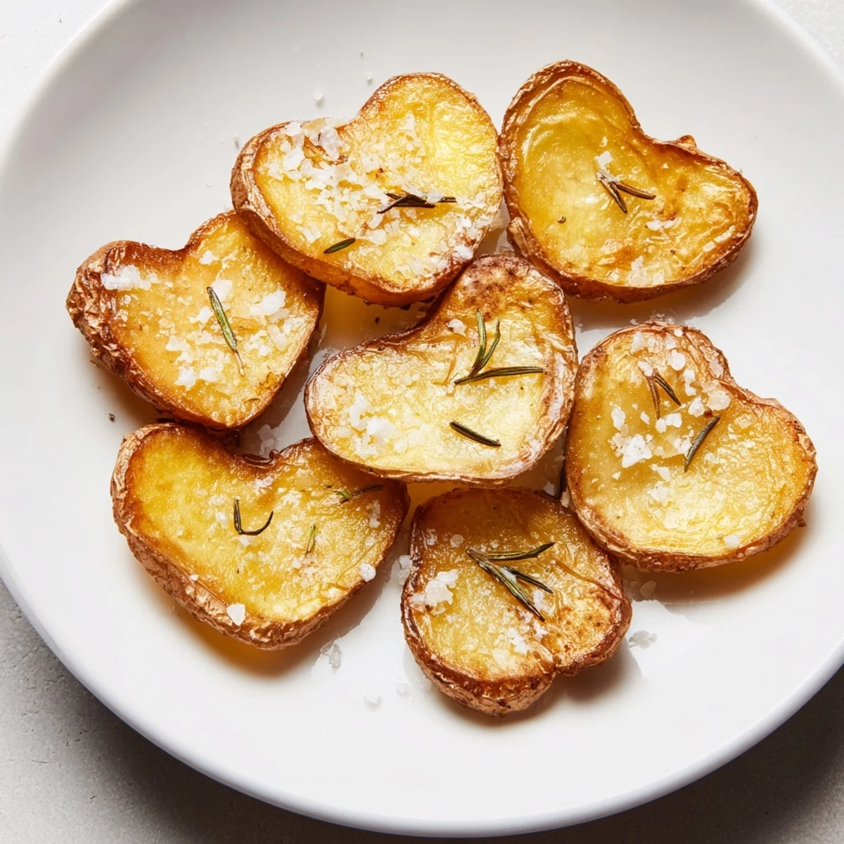 Freshly roasted rosemary potatoes shaped like hearts, served warm on a white plate for a special occasion.