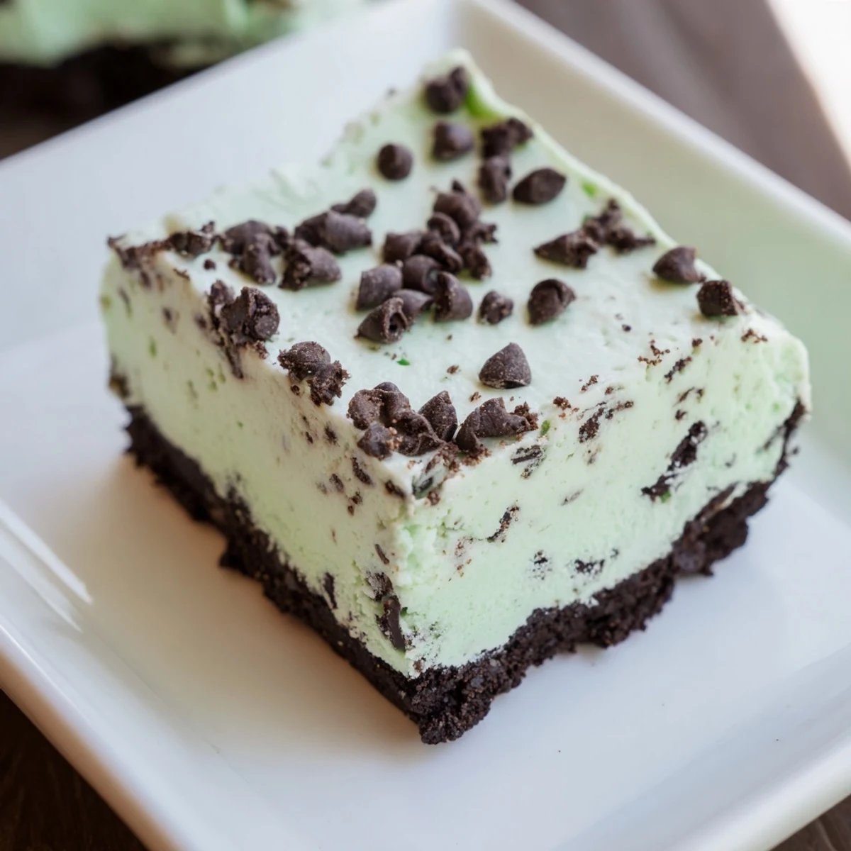Freshly sliced Mint Chocolate Chip Cheesecake Bars display a creamy mint-green filling and a dark chocolate cookie crust.