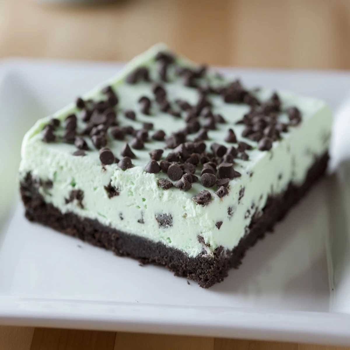 A batch of homemade Mint Chocolate Chip Cheesecake Bars is garnished with chocolate shavings on a marble board.