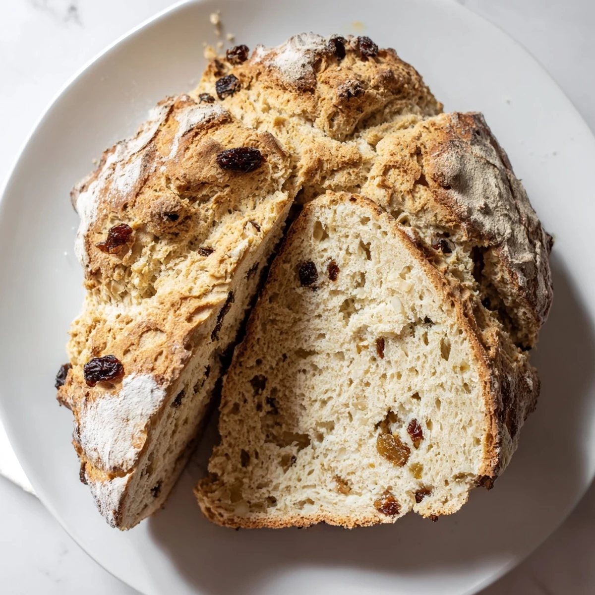 Sliced piece of Irish Soda Bread with Currants and Caraway Seeds revealing a tender crumb and glossy butter melt, served beside a steaming mug of tea.