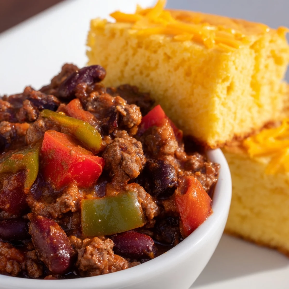 Steaming Game Day Beef Chili with Cheddar Cornbread in a rustic bowl, topped with cheese and onions.