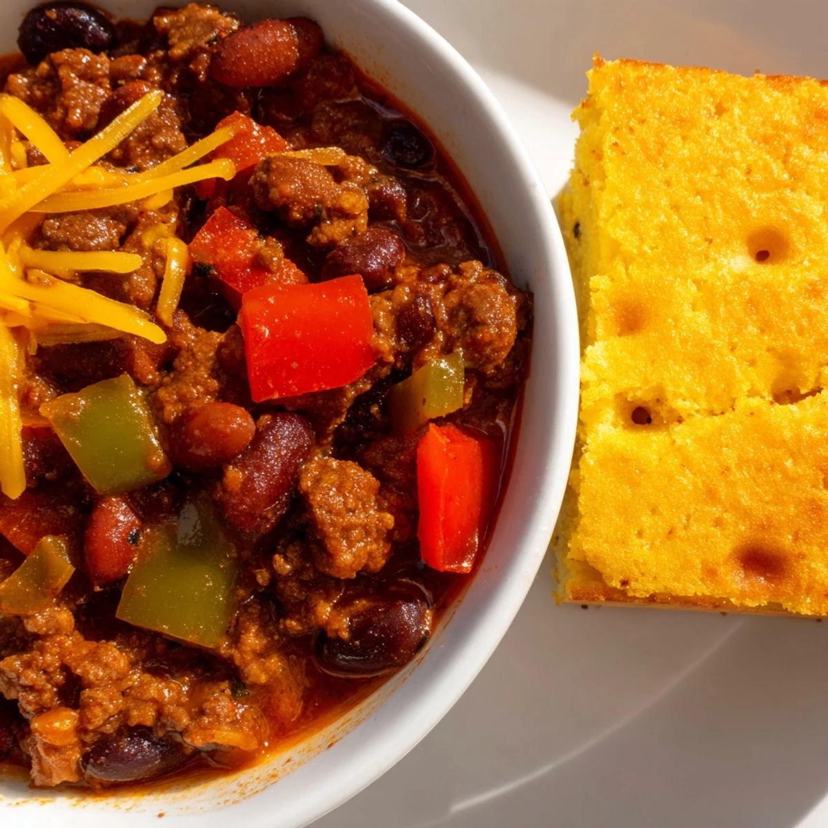 A hearty Game Day Beef Chili topped with sour cream next to a cheesy slice of Cheddar Cornbread.