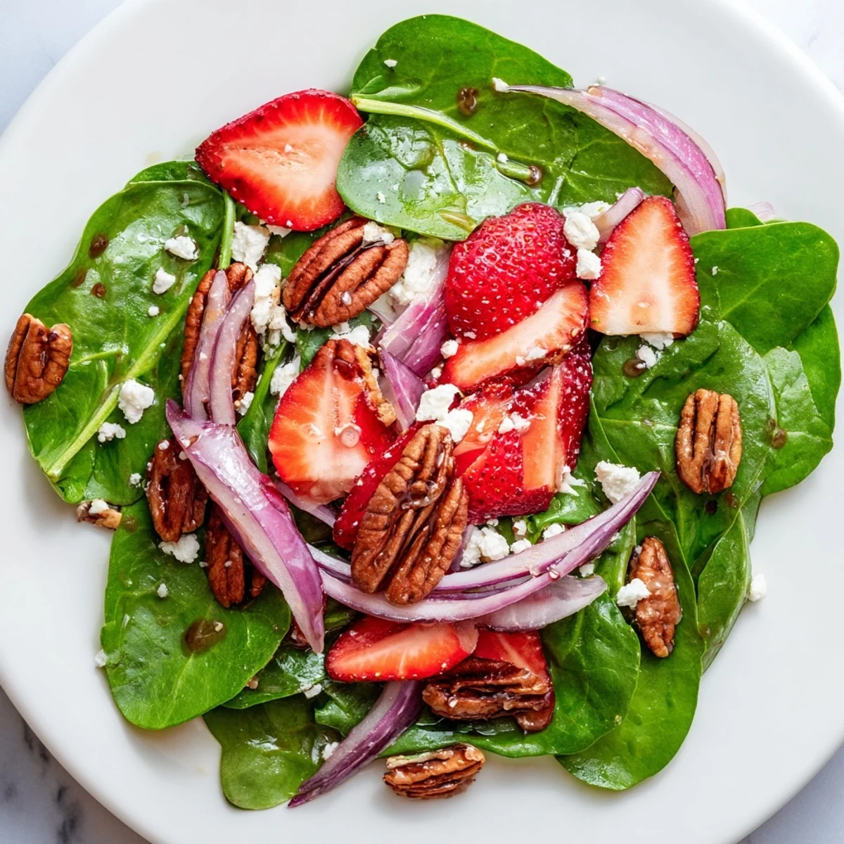 Fresh baby spinach leaves topped with sliced strawberries, toasted pecans, and red onion in a balsamic vinaigrette, served on a white plate.