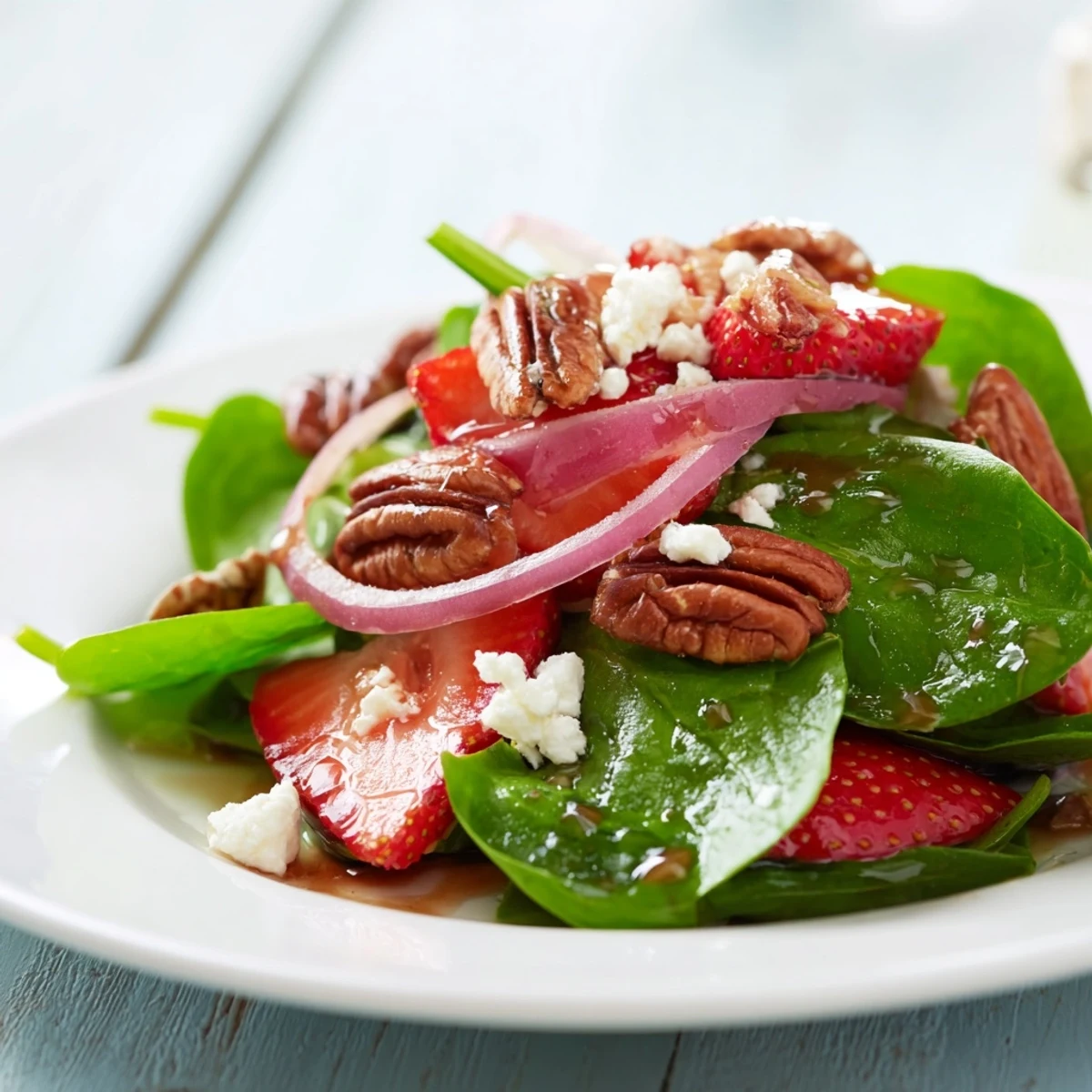 Strawberry Spinach Salad with Pecans showcases a colorful mix of tender greens, sweet berries, and crunchy nuts for a refreshing bite.