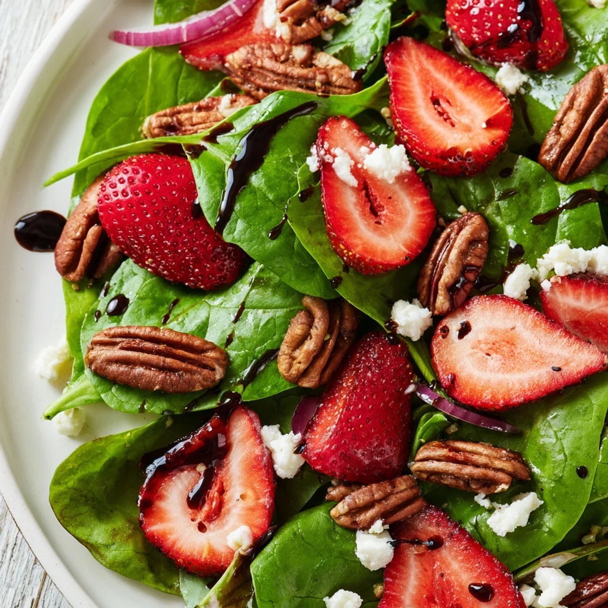 A close-up of Strawberry Spinach Salad with Pecans, feta crumbles sprinkled over greens, strawberries, and toasted pecans for a tangy finish.