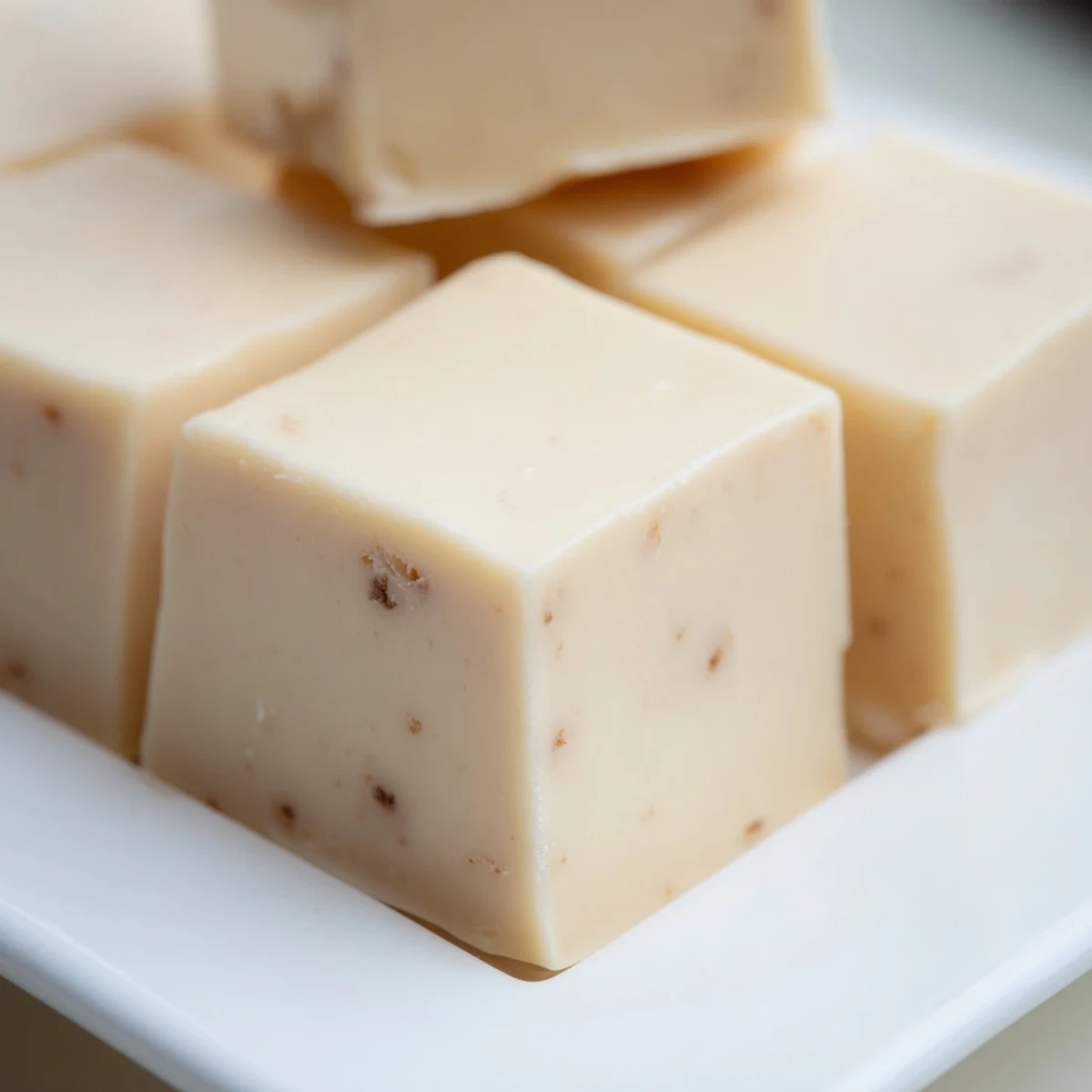 A close-up of creamy Irish Cream Fudge squares stacked on a slate platter, showcasing a rich, melt-in-your-mouth texture.