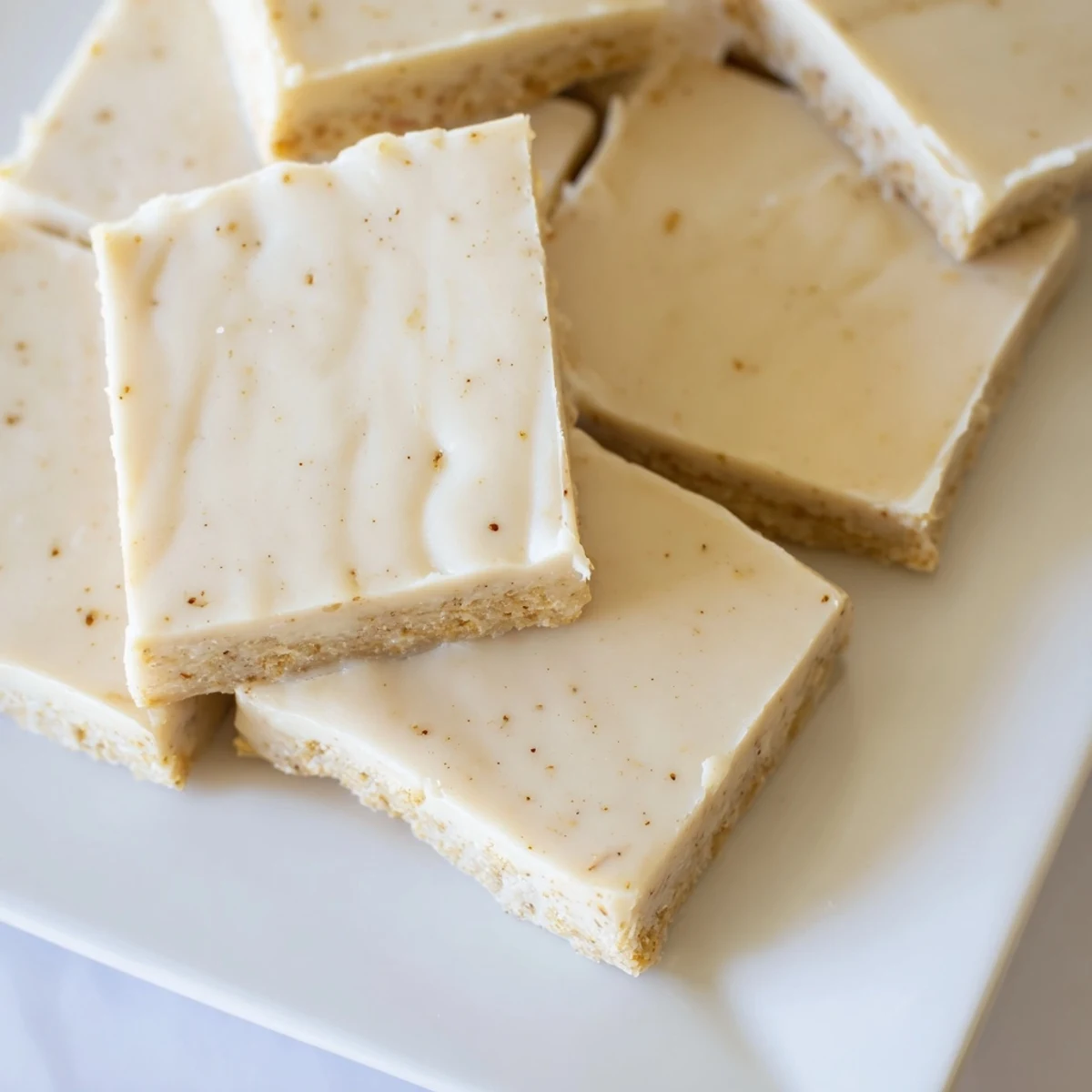 Decadent Irish Cream Fudge squares garnished with a sprinkle of coffee granules and a drizzle of white chocolate.