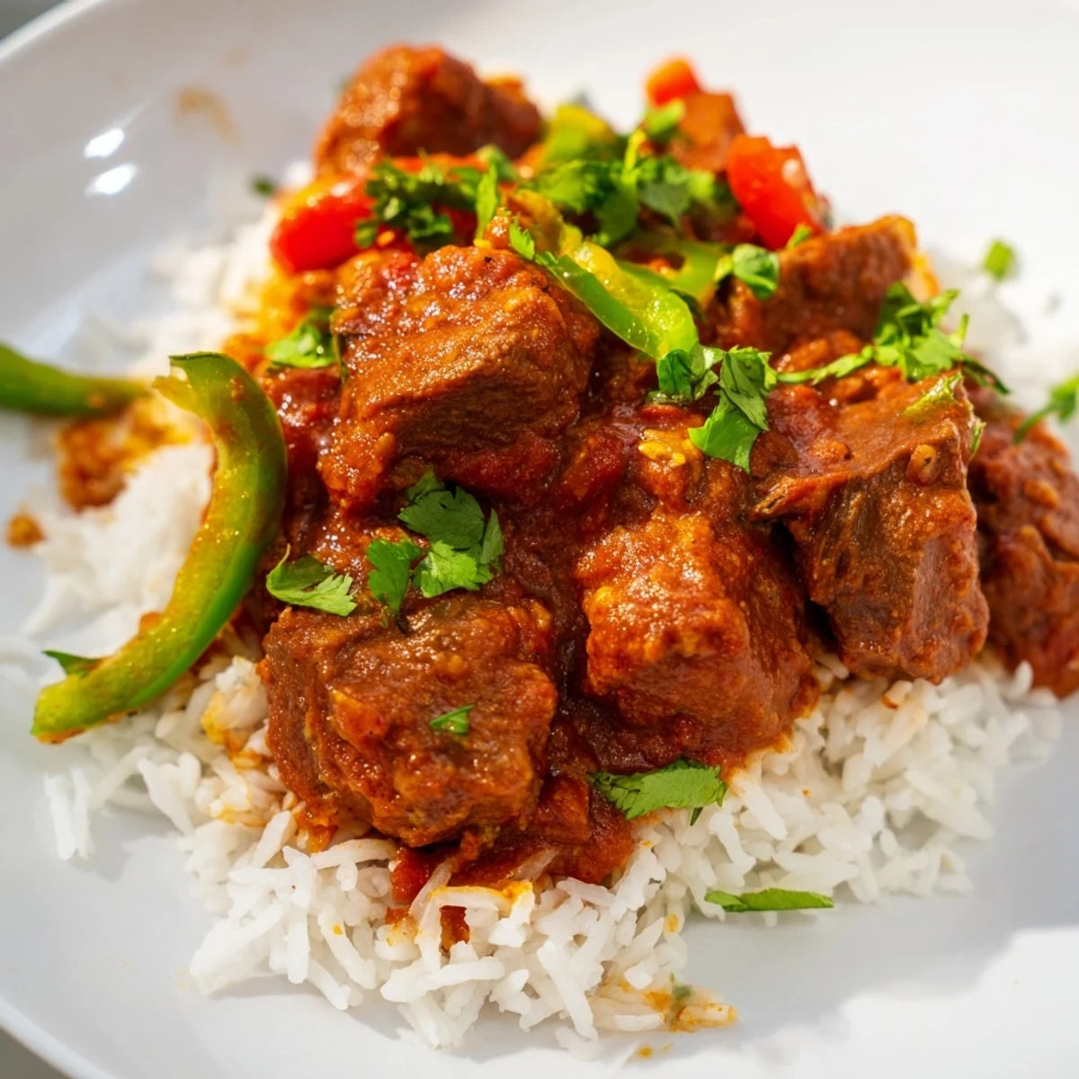 A close-up of tender beef cubes in a thick, spicy curry sauce, spooned over a mound of fluffy basmati rice, with fresh cilantro garnish.  