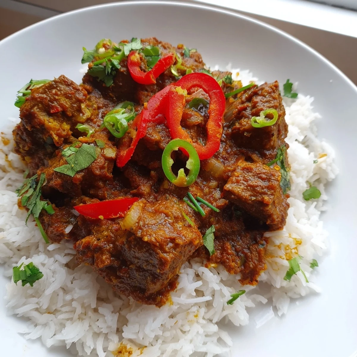 The rich, reddish-brown curry is simmered to perfection, offering a fragrant aroma that pairs beautifully with steamed white rice.  
