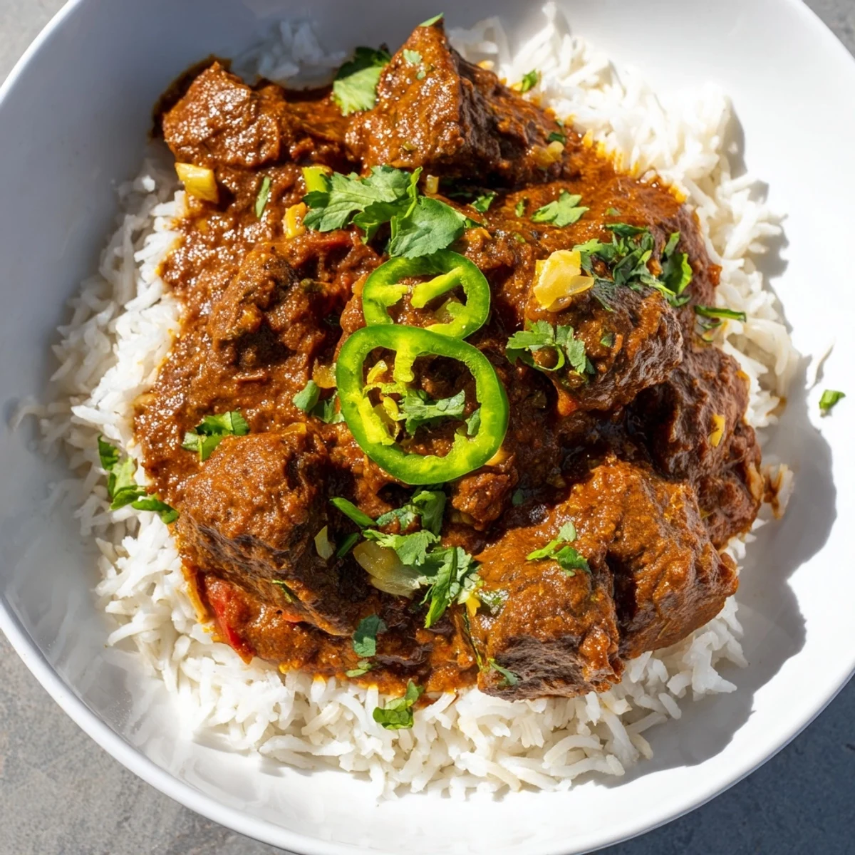 Sizzling beef curry with rice in a rustic pot, ready to serve a hearty and flavorful four-person dinner.