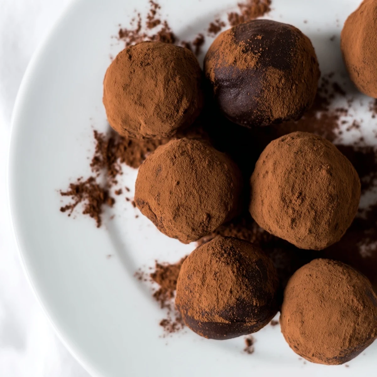 Close-up of dark chocolate truffles with cocoa powder, showing their rich, fudgy texture on a wooden board.  