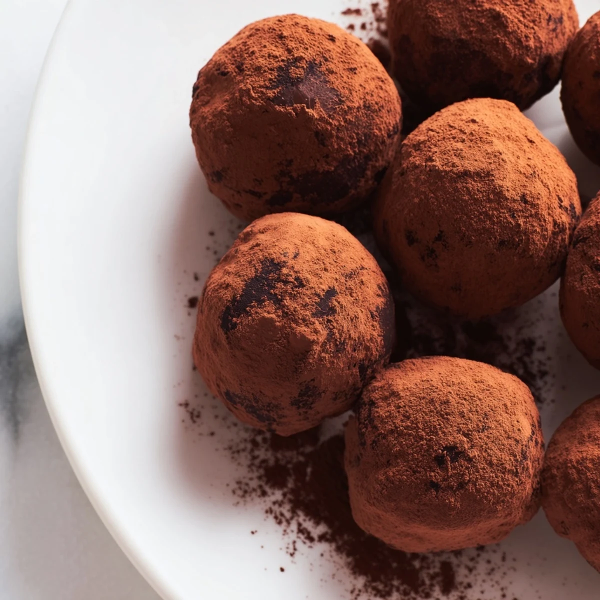 A plate of homemade Chocolate Truffles with Cocoa Powder, dusted and ready for gifting or dessert.  