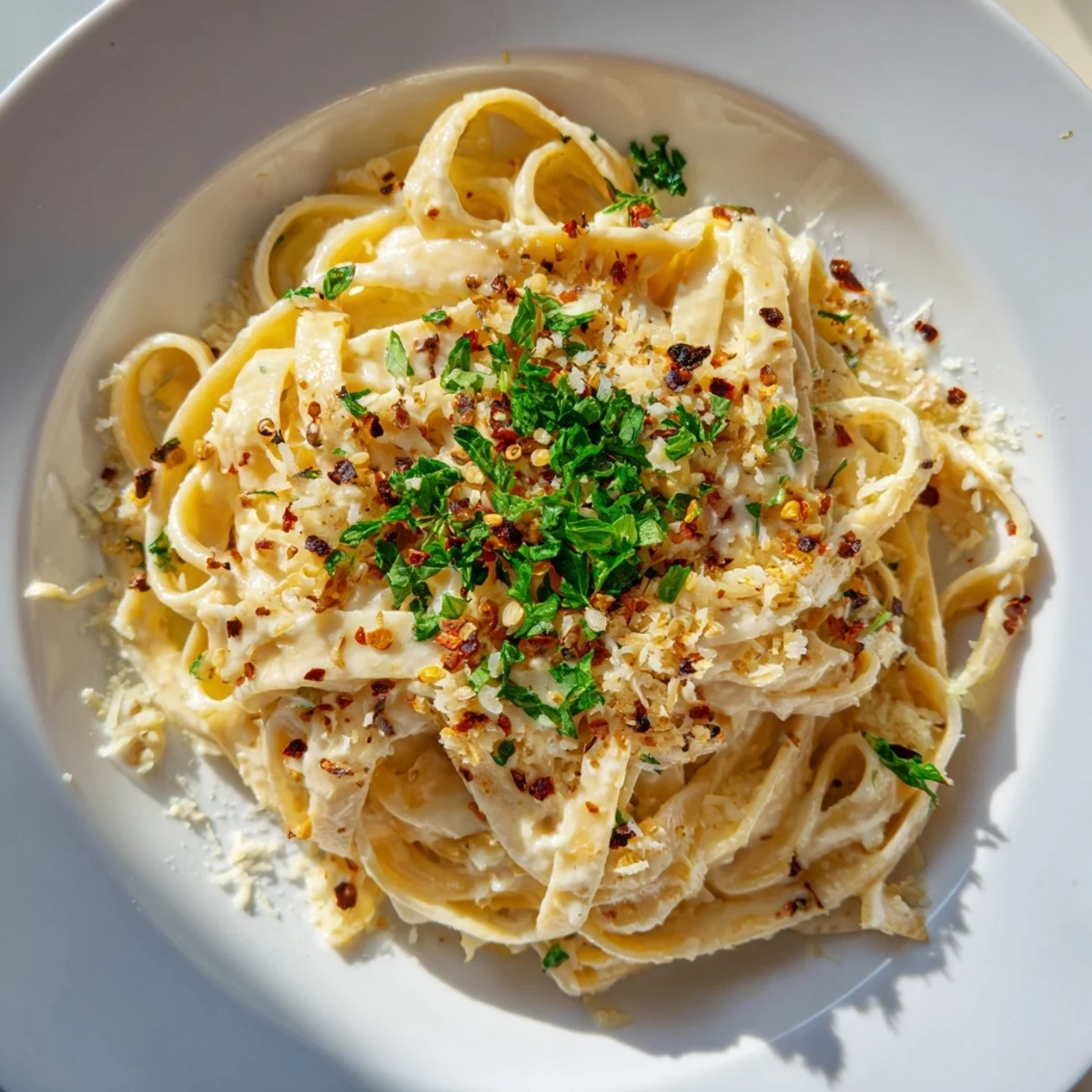 A skillet of Creamy Garlic Pasta with Herbs, generously topped with grated Parmesan, ready for a cozy vegetarian dinner.