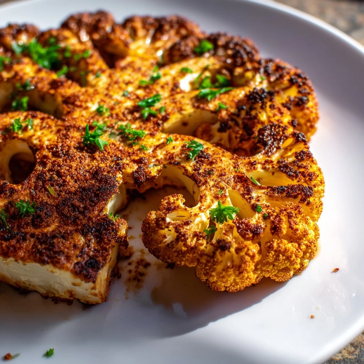 Thick-cut Roasted Cauliflower Steaks on a white plate, garnished with fresh parsley and lemon wedges for a bright finish.