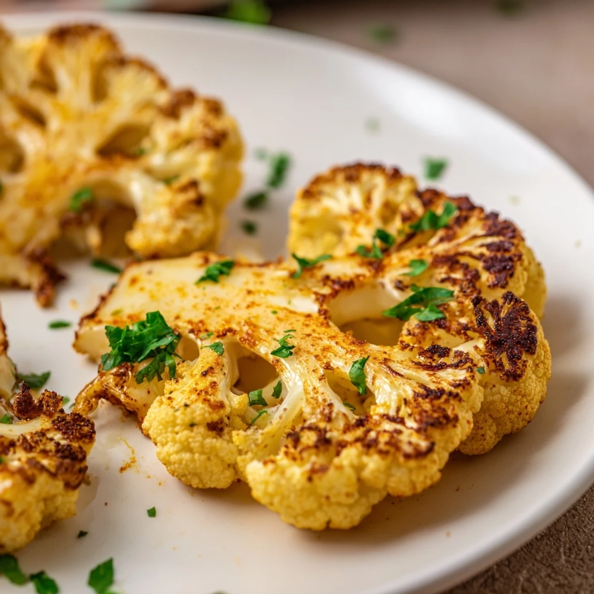 Vegan Roasted Cauliflower Steaks resting on a parchment-lined baking sheet, brushed with olive oil and sprinkled with spices.