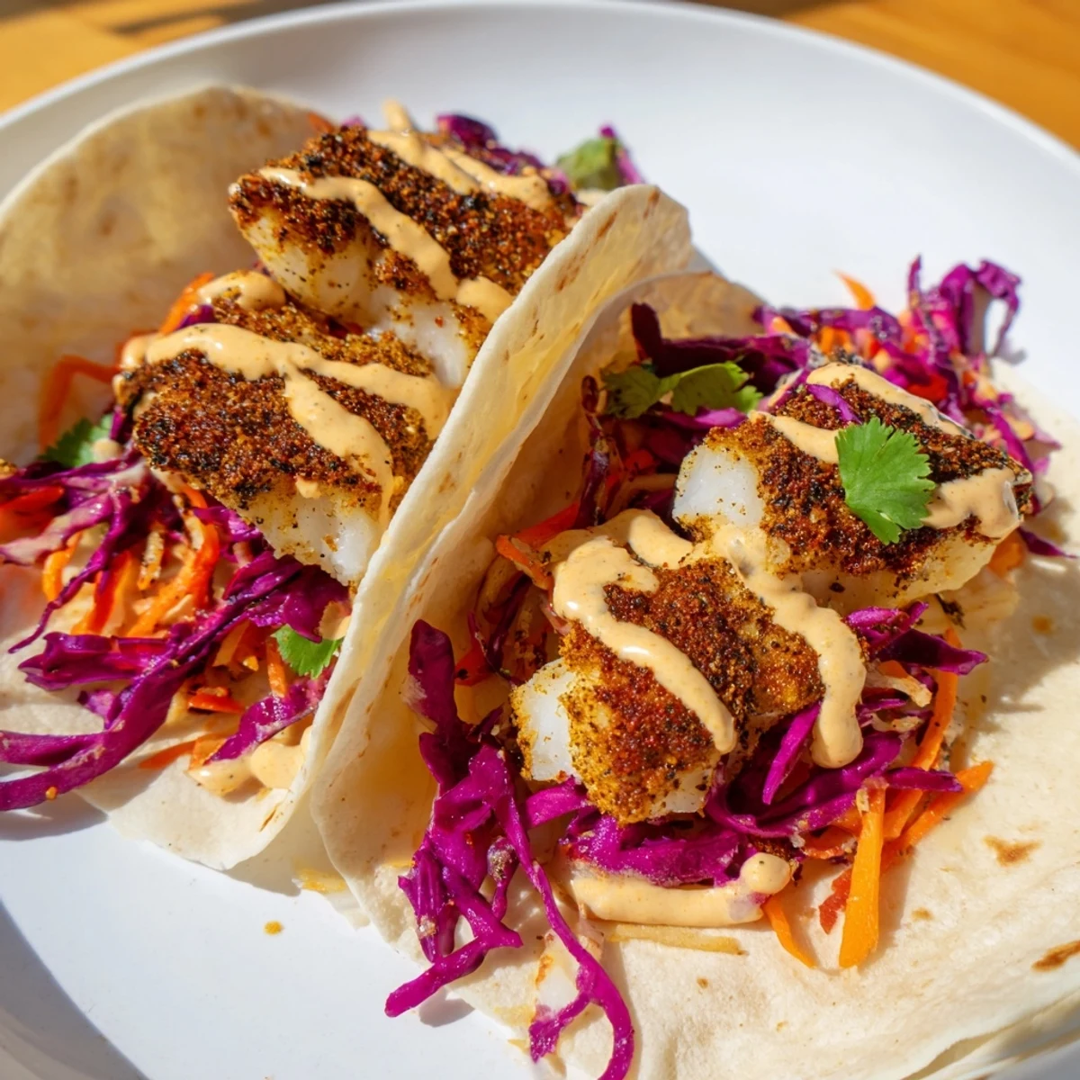 Golden seared Cajun blackened fish fillets flake easily on warm corn tortillas, topped with crisp cabbage slaw and a drizzle of smoky lime crema.