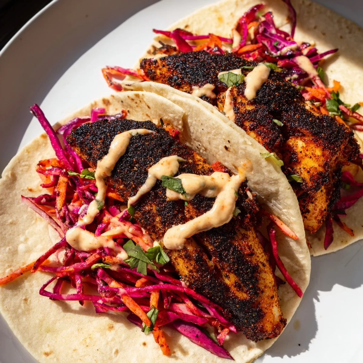 A close-up of Cajun blackened fish tacos, filled with spiced fish, crunchy carrot slaw, and fresh cilantro, served with lime wedges for squeezing.