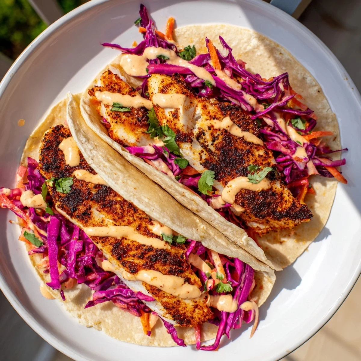 Freshly assembled Cajun blackened fish tacos feature blackened fish tucked into soft tortillas, vibrant slaw, and creamy sauce, ready for a flavorful dinner.