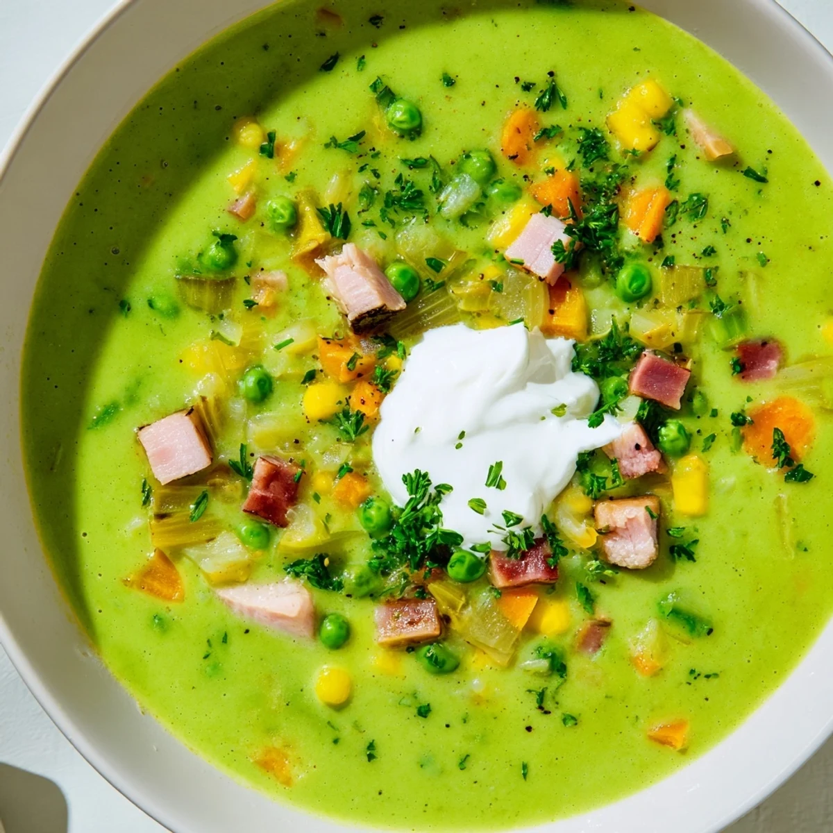 Creamy Spring Pea Soup with Ham and Turkey simmering in a pot, garnished with fresh parsley and a dollop of sour cream.