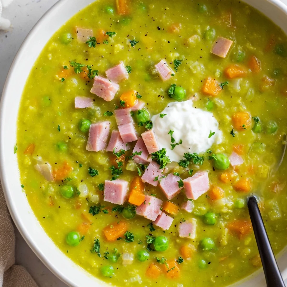A bowl of vibrant Spring Pea Soup with Ham and Turkey, served with crusty bread and a swirl of cream on top.