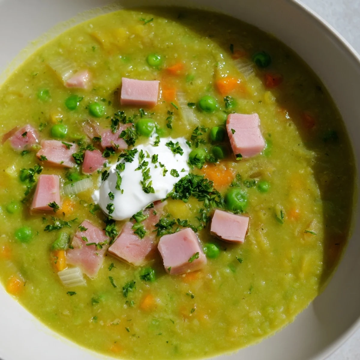 Close-up of Spring Pea Soup with Ham and Turkey showing tender peas, diced ham, and turkey in a rich, green broth.