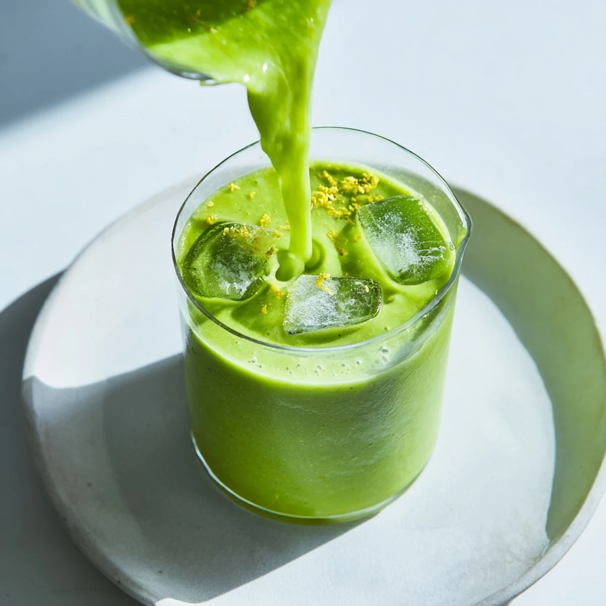 Freshly blended green smoothie with spinach and apple in a mason jar, garnished with a lemon wedge and a reusable straw.  