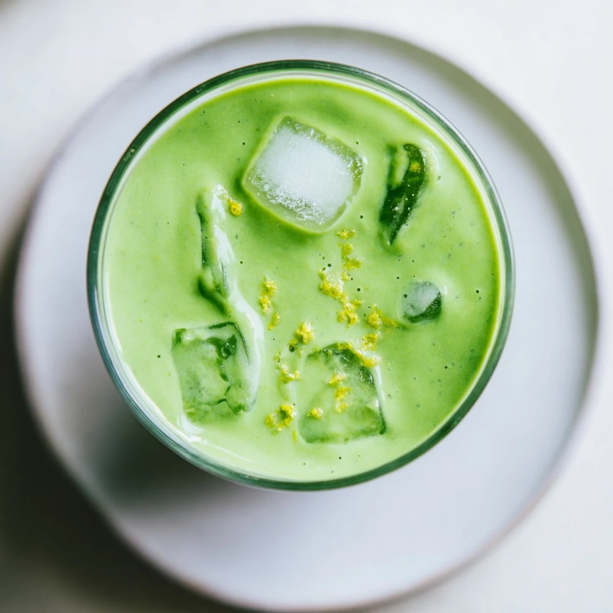 A tall glass of vibrant green smoothie with spinach and apple, topped with a slice of fresh apple and a sprinkle of chia seeds.  