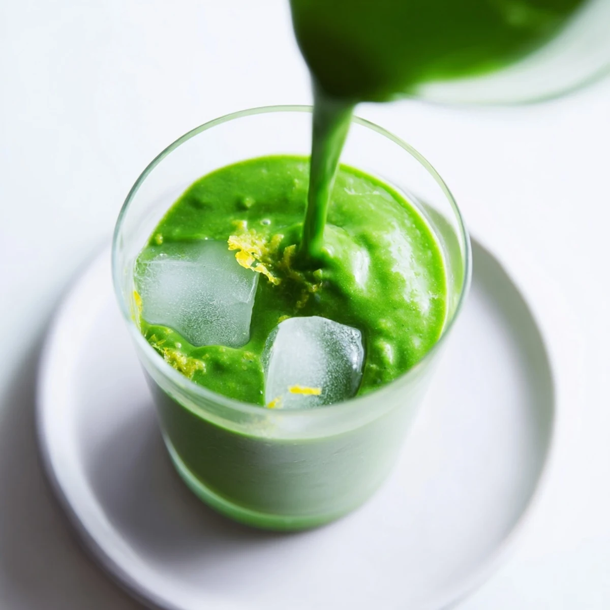 Close-up of a creamy green smoothie with spinach and apple, showing its smooth texture in a clear glass.