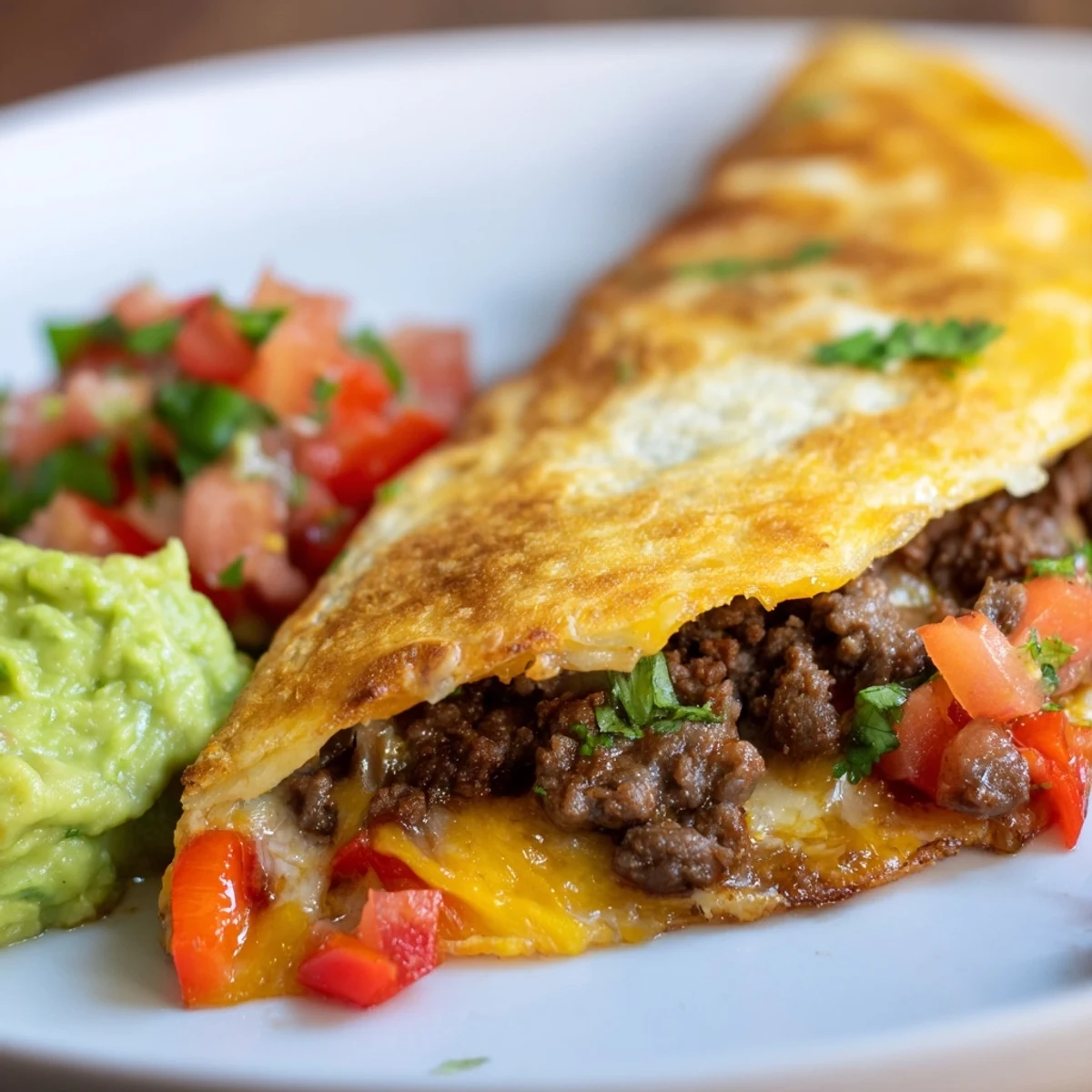 Sizzling skillet of Beef Quesadillas with Salsa and Guacamole, served with sour cream and lime wedges on a rustic table.