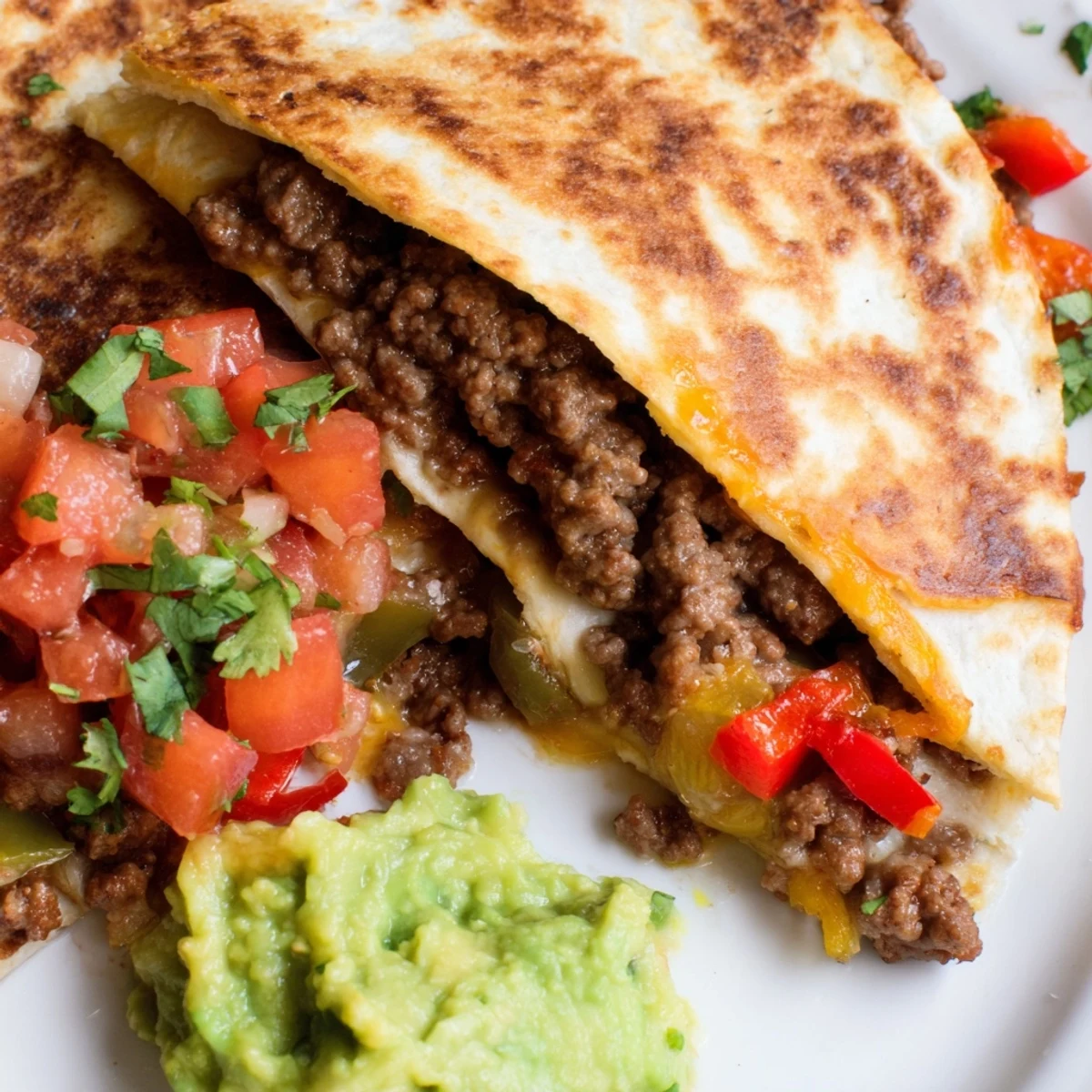A close-up of golden Beef Quesadillas with Salsa and Guacamole on a plate, showing melted cheese and vibrant toppings.