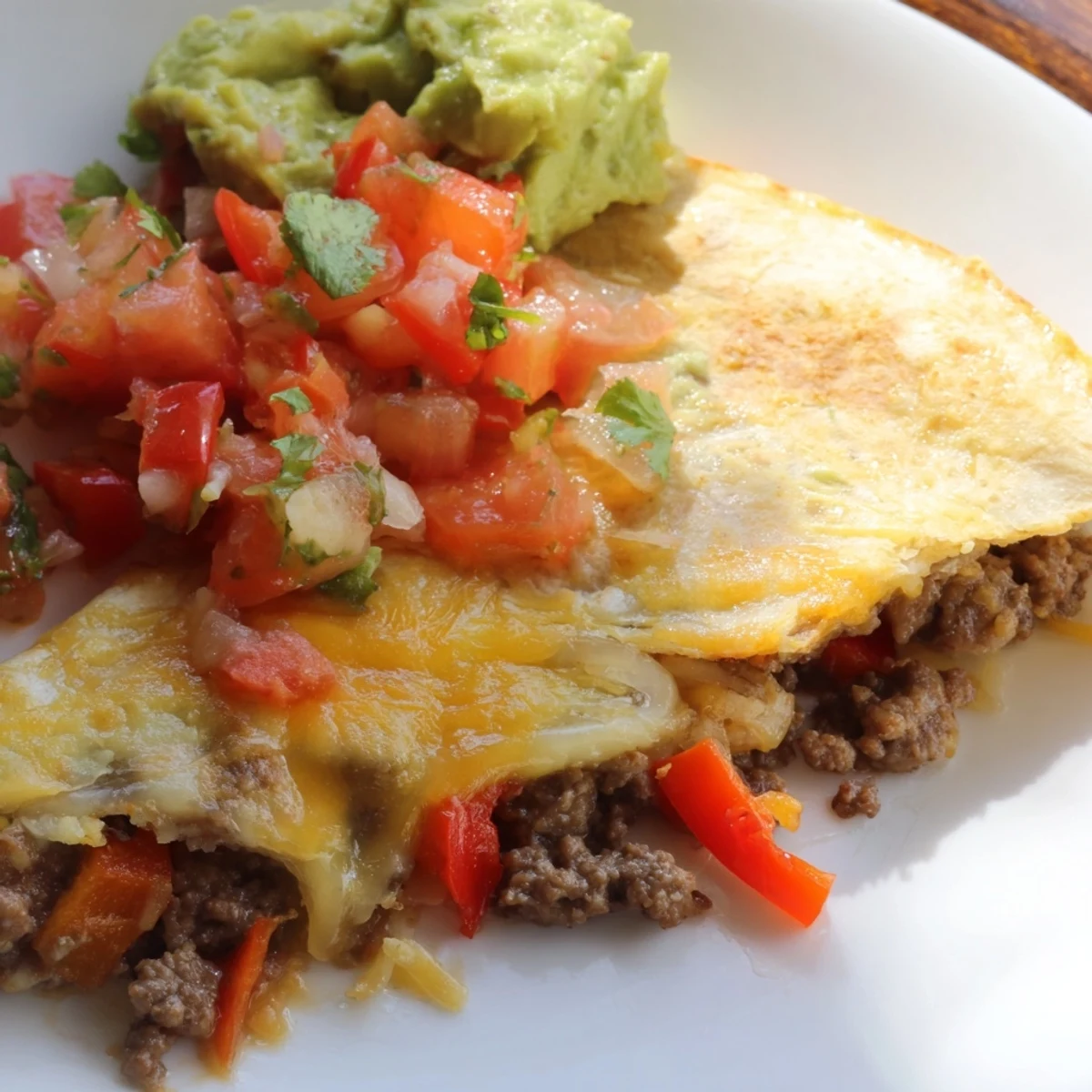 Overhead view of four sliced Beef Quesadillas with Salsa and Guacamole, garnished with fresh cilantro and colorful side dishes.
