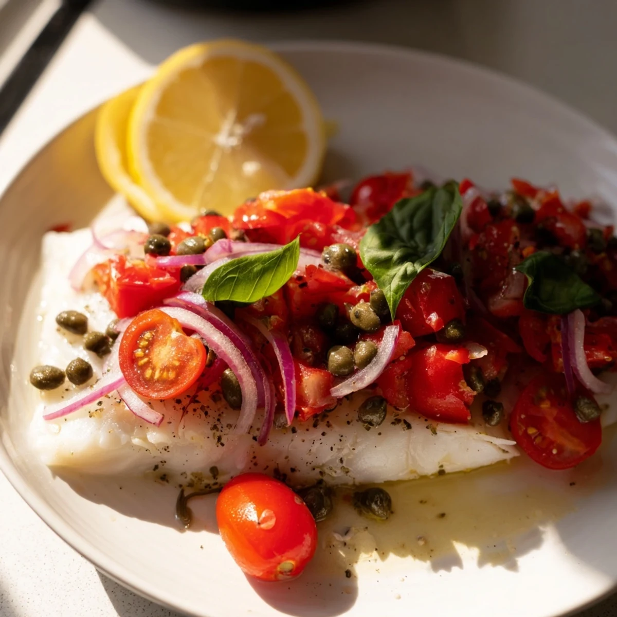 Golden-brown Baked Halibut fillets rest on a white plate, drizzled with a vibrant tomato and basil relish.