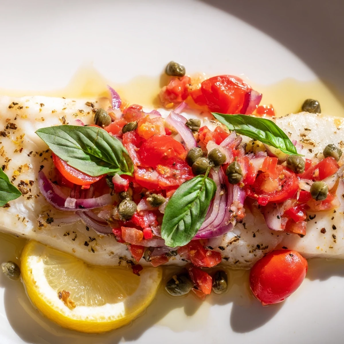The Baked Halibut with Tomato and Basil Relish is plated beside roasted asparagus for a complete meal.