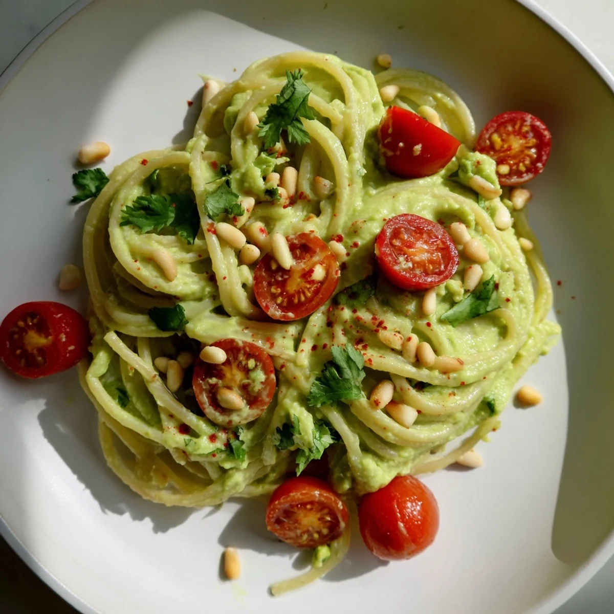 Close-up of Creamy Avocado Lime Pasta with Cherry Tomatoes tossed with olive oil and minced garlic on a rustic wooden table.
