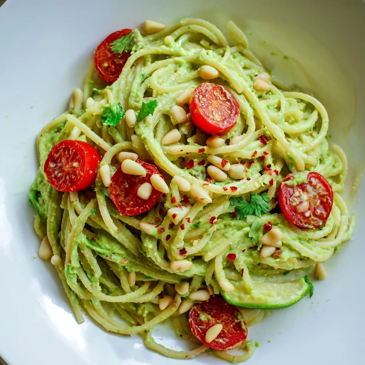 Creamy Avocado Lime Pasta with Cherry Tomatoes shown in a white bowl, garnished with fresh lime zest and toasted pine nuts.