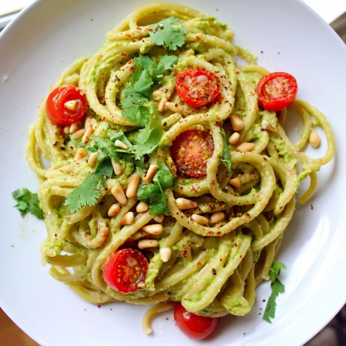 A vibrant serving of Creamy Avocado Lime Pasta with Cherry Tomatoes paired with a crisp salad for a refreshing vegetarian meal.