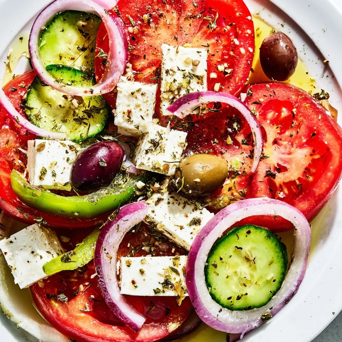 Fresh Greek Salad with Kalamata Olives and Feta features vibrant tomatoes, crisp cucumber, and creamy cheese.  