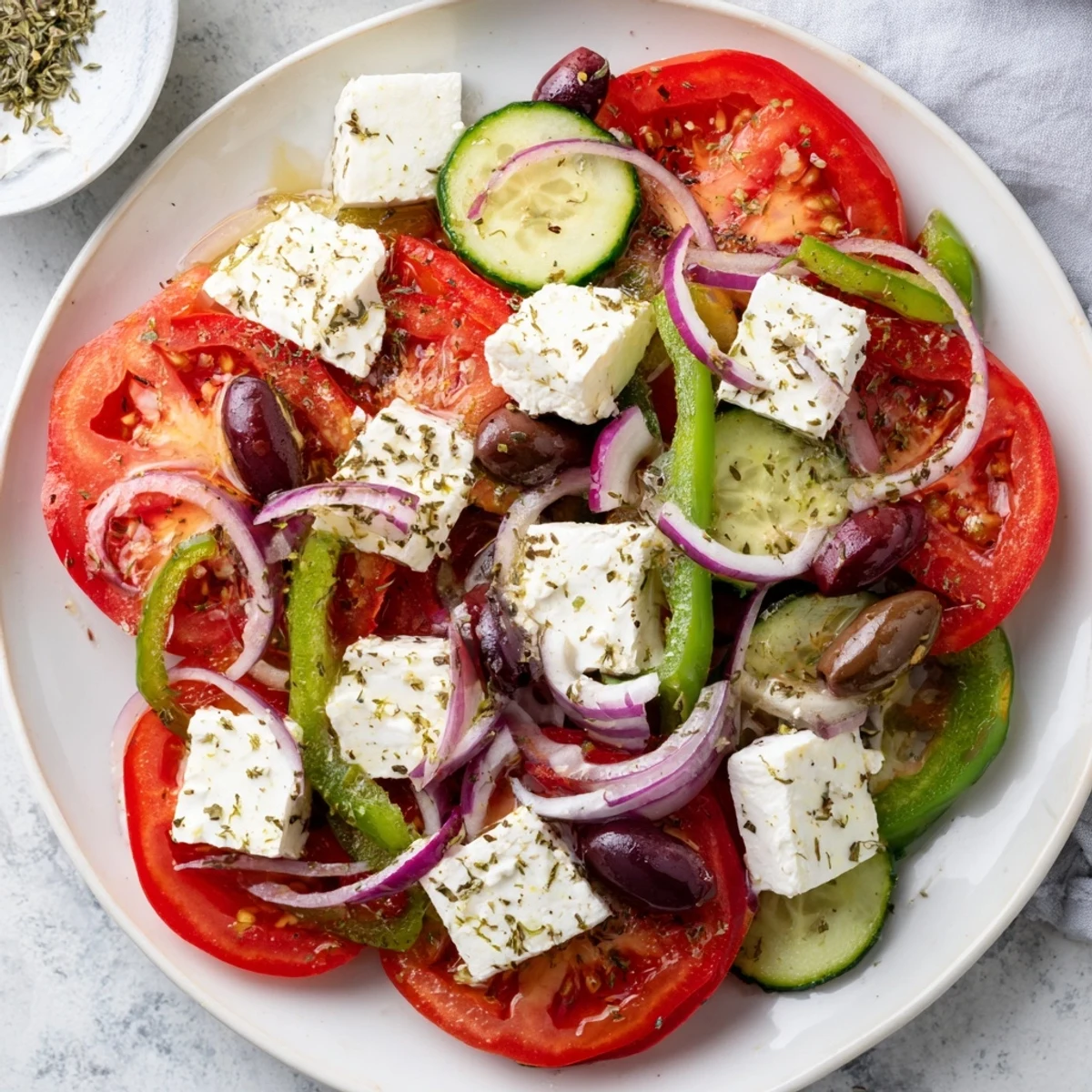 Greek Salad with Kalamata Olives and Feta in a white bowl, garnished with fresh herbs and bright vegetables.