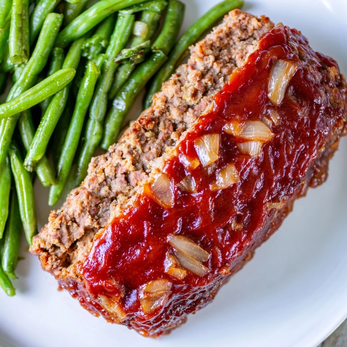 Juicy turkey meatloaf with a glossy glaze and crisp-tender green beans on a rustic plate.