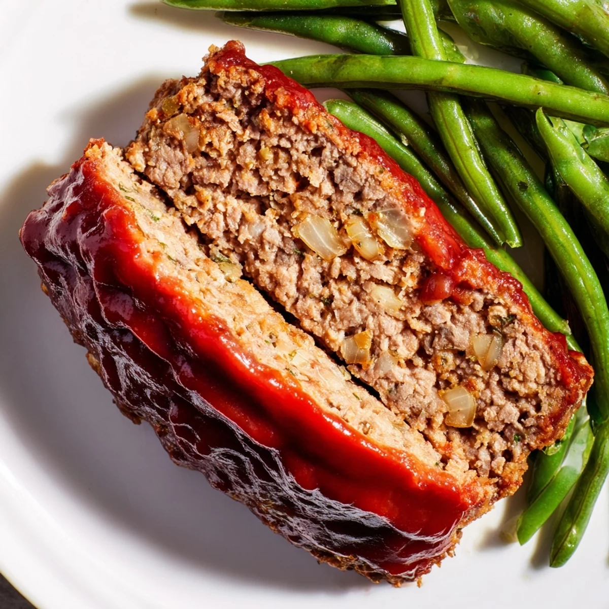 Sliced turkey meatloaf topped with sweet tangy glaze and served with sautéed green beans.
