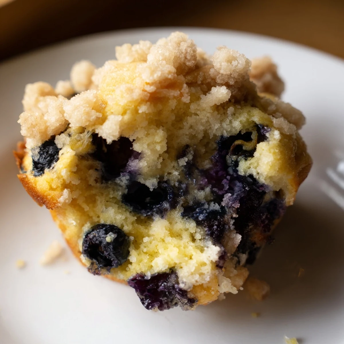 Freshly baked Lemon Blueberry Muffins with Streusel topped muffins showing golden crumb topping and blueberries in a tin.