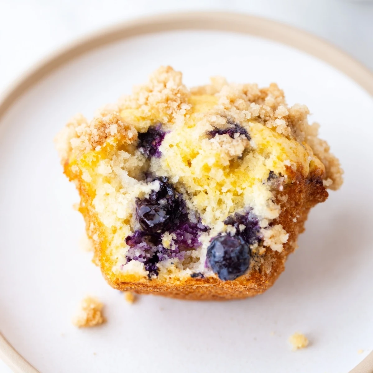 A close-up of Lemon Blueberry Muffins with Streusel muffins revealing juicy blueberries and a crisp, buttery streusel topping.