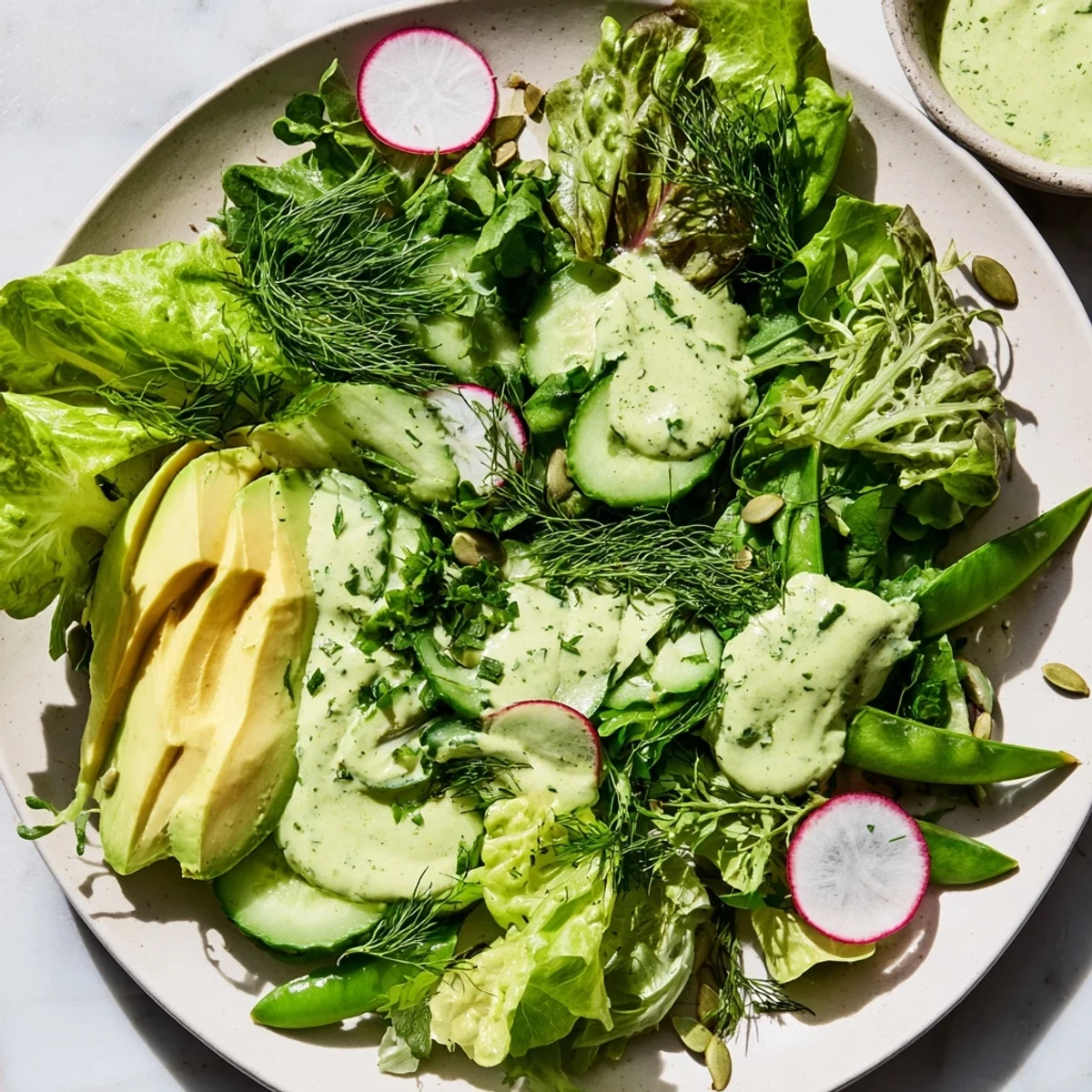 A vibrant Green Salad with Green Goddess Dressing features crisp mixed greens, creamy avocado slices, and a bright herb-flecked dressing.
