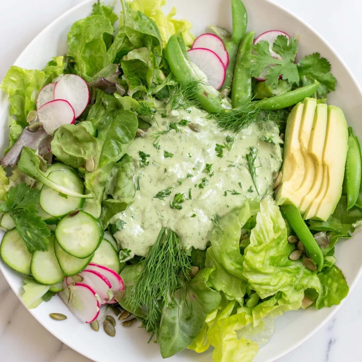 This Green Salad with Green Goddess Dressing showcases cucumber ribbons, crunchy snap peas, and a generous drizzle of creamy dressing.
