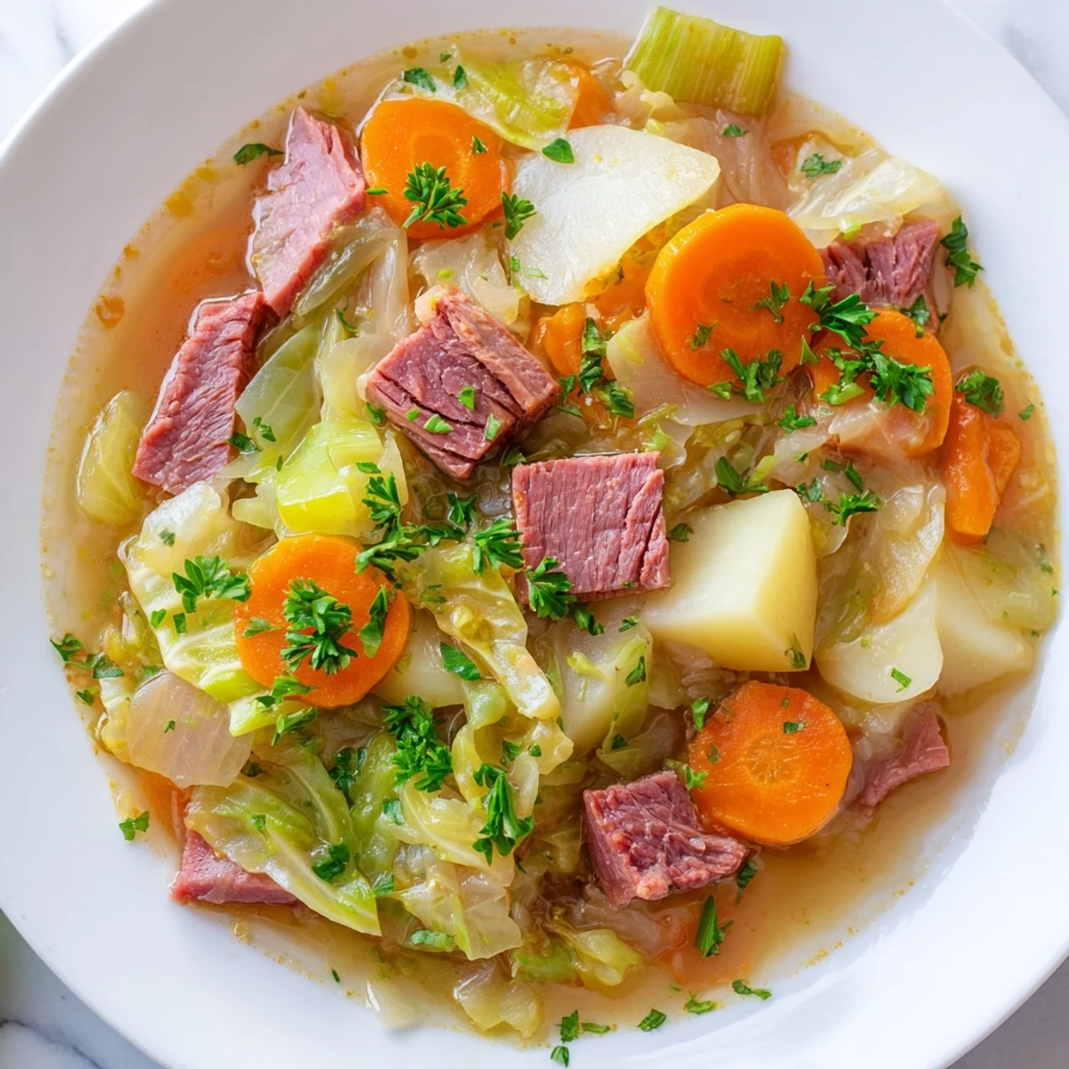 A close-up bowl of Corned Beef and Cabbage Soup with tender meat chunks, diced potatoes, and bright green cabbage in a rich broth.