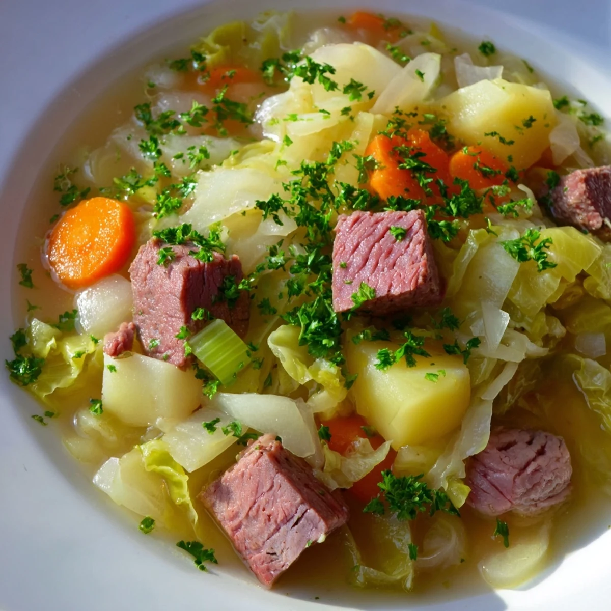 Warm Corned Beef and Cabbage Soup served in a white bowl, featuring savory vegetables and broth perfect for a cozy St. Patrick's Day meal.