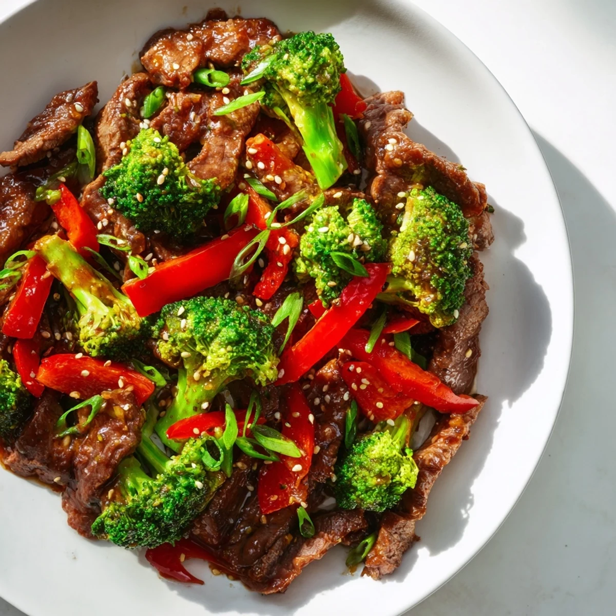 A vibrant serving of Spicy Beef and Broccoli Stir Fry with tender beef and crisp green broccoli florets, glistening with a savory sauce.