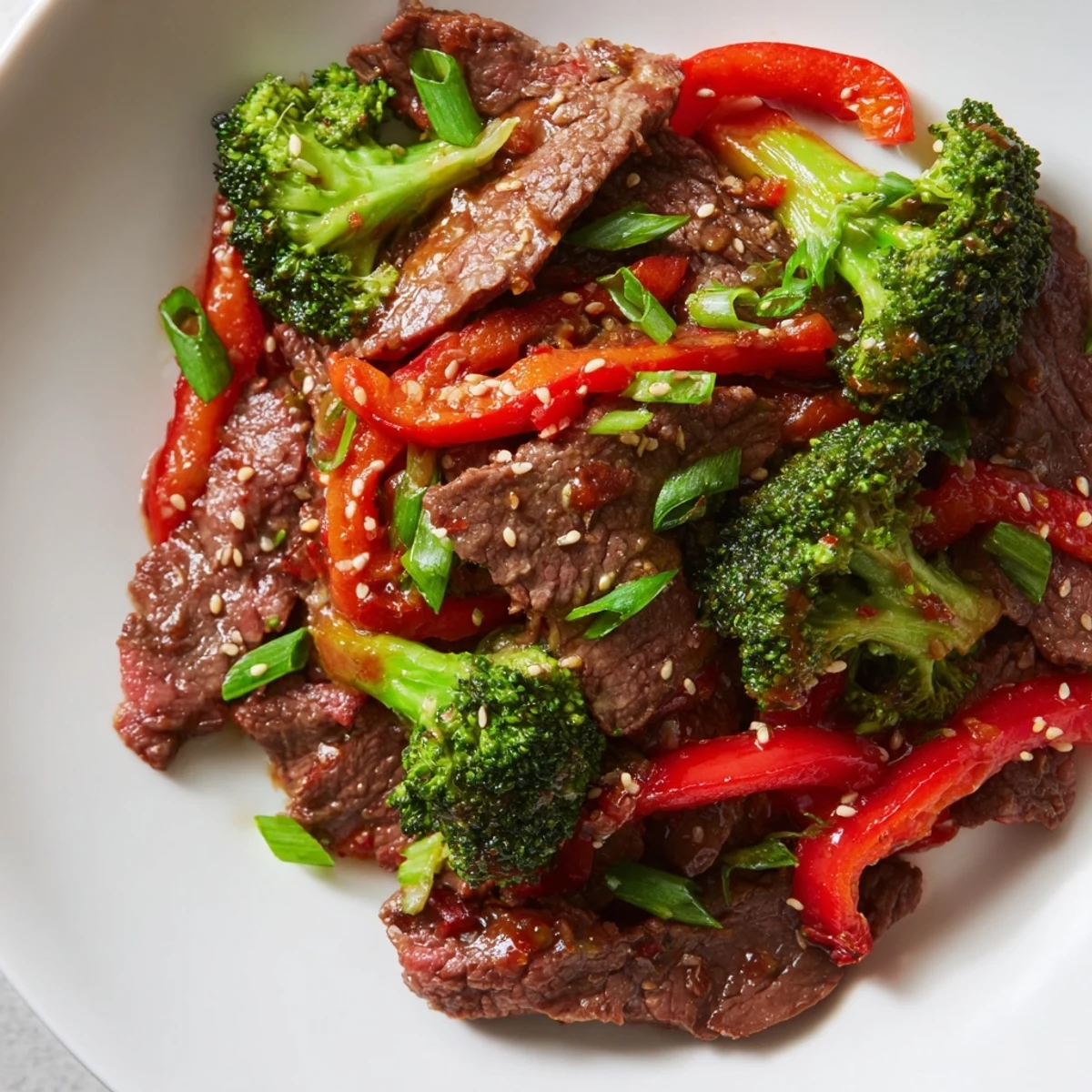 Spicy Beef and Broccoli Stir Fry in a hot wok with steam rising, garnished with fresh green onions and sesame seeds for a quick meal.